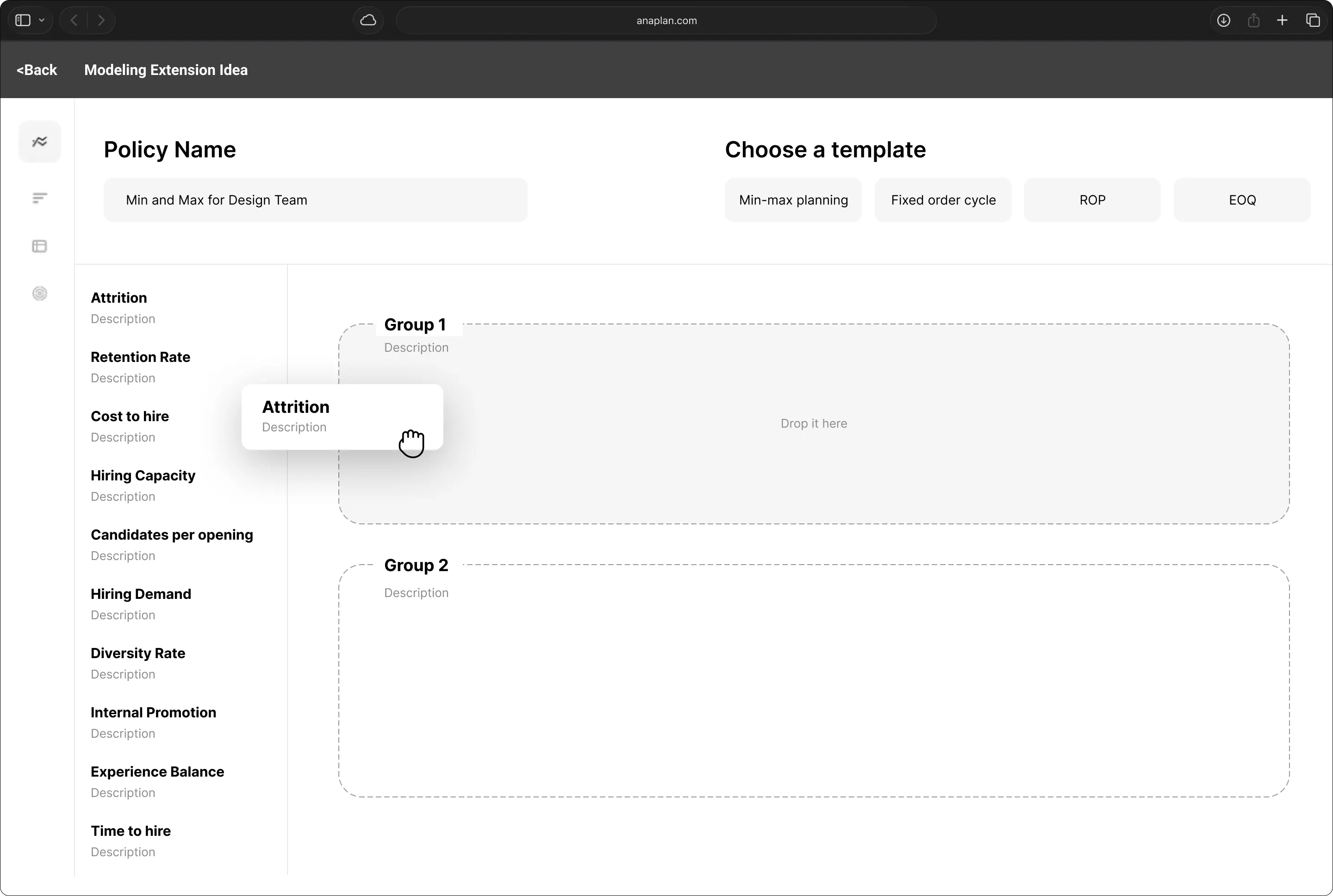 Greyscale wireframe of the policy builder, with an empty group and a driver being dragged into it