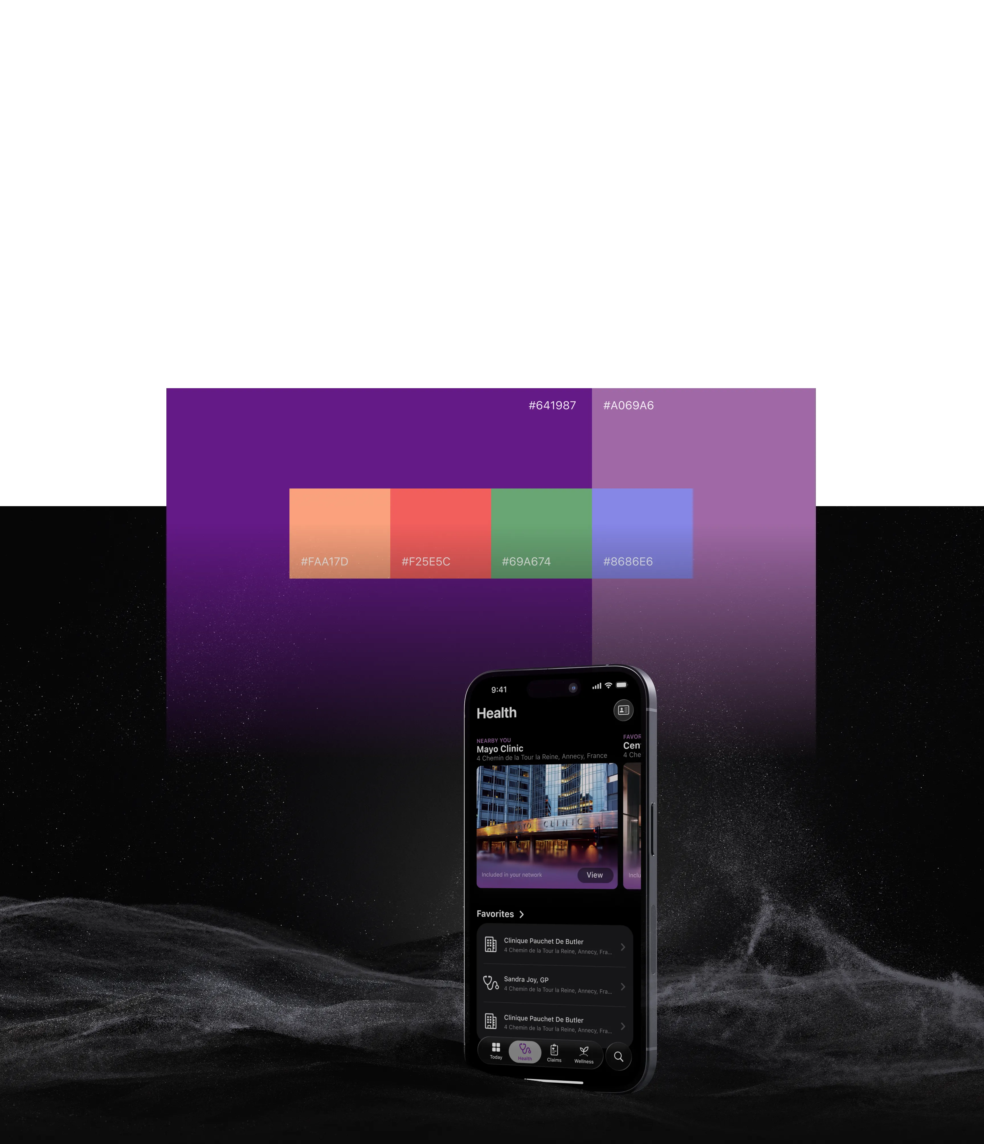 Aetna design system sheet: the SF Pro typescale, a purple and coral colour palette with hex values, and the Health screen shown on a phone