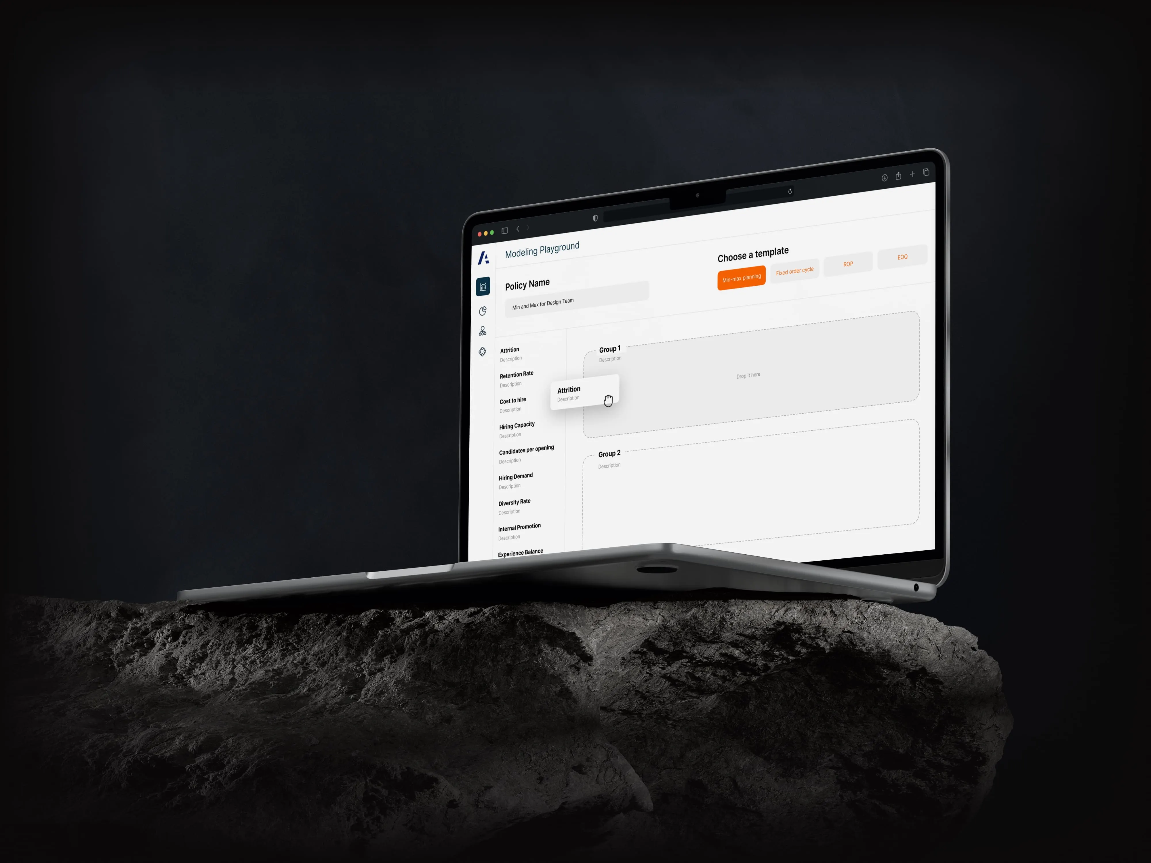 Laptop on a rock, showing the Anaplan policy builder with its driver list and rule groups
