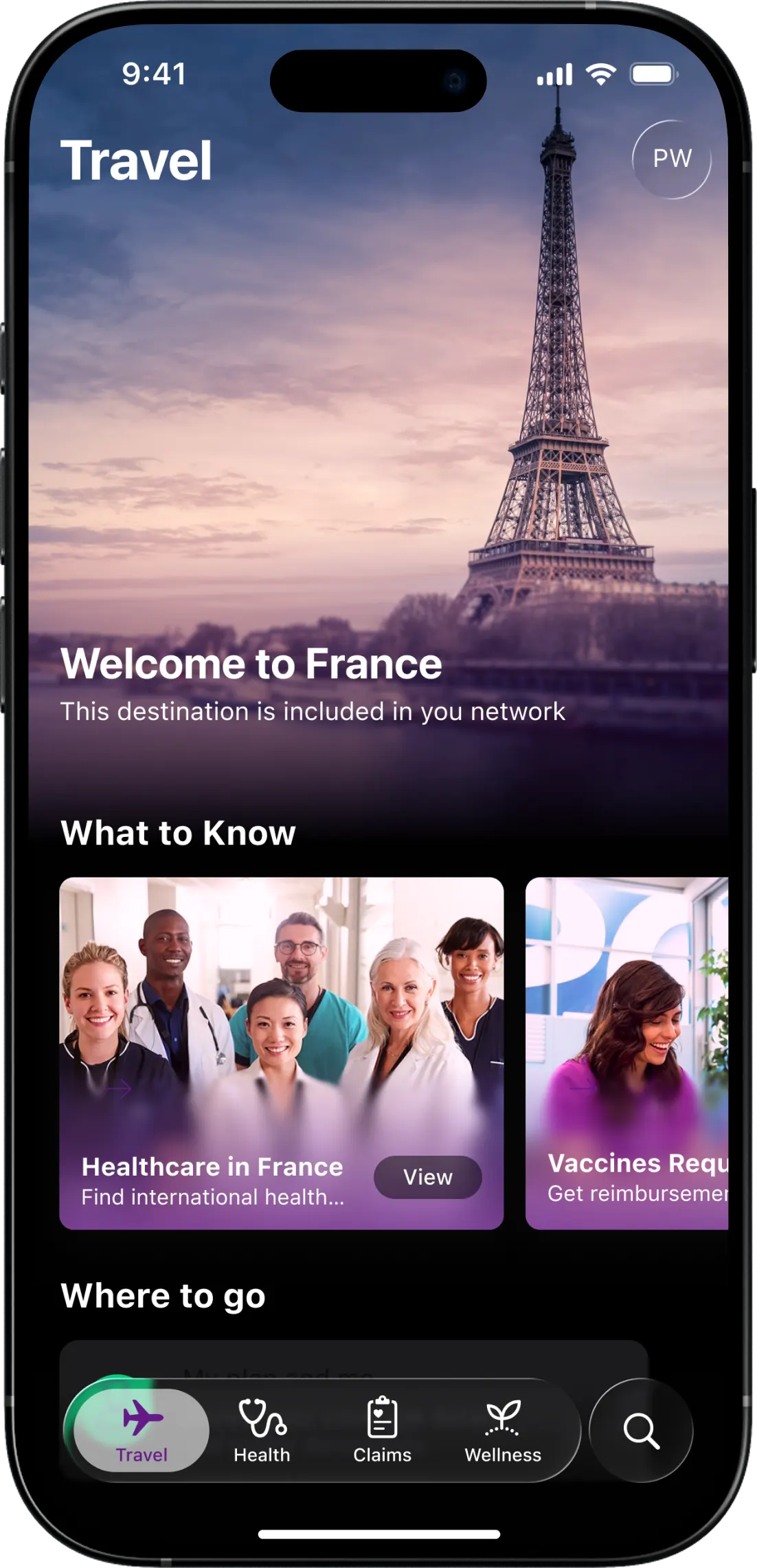 Aetna Travel tab: a Welcome to France banner over a photo of the Eiffel Tower, with What to Know cards on local healthcare and vaccines