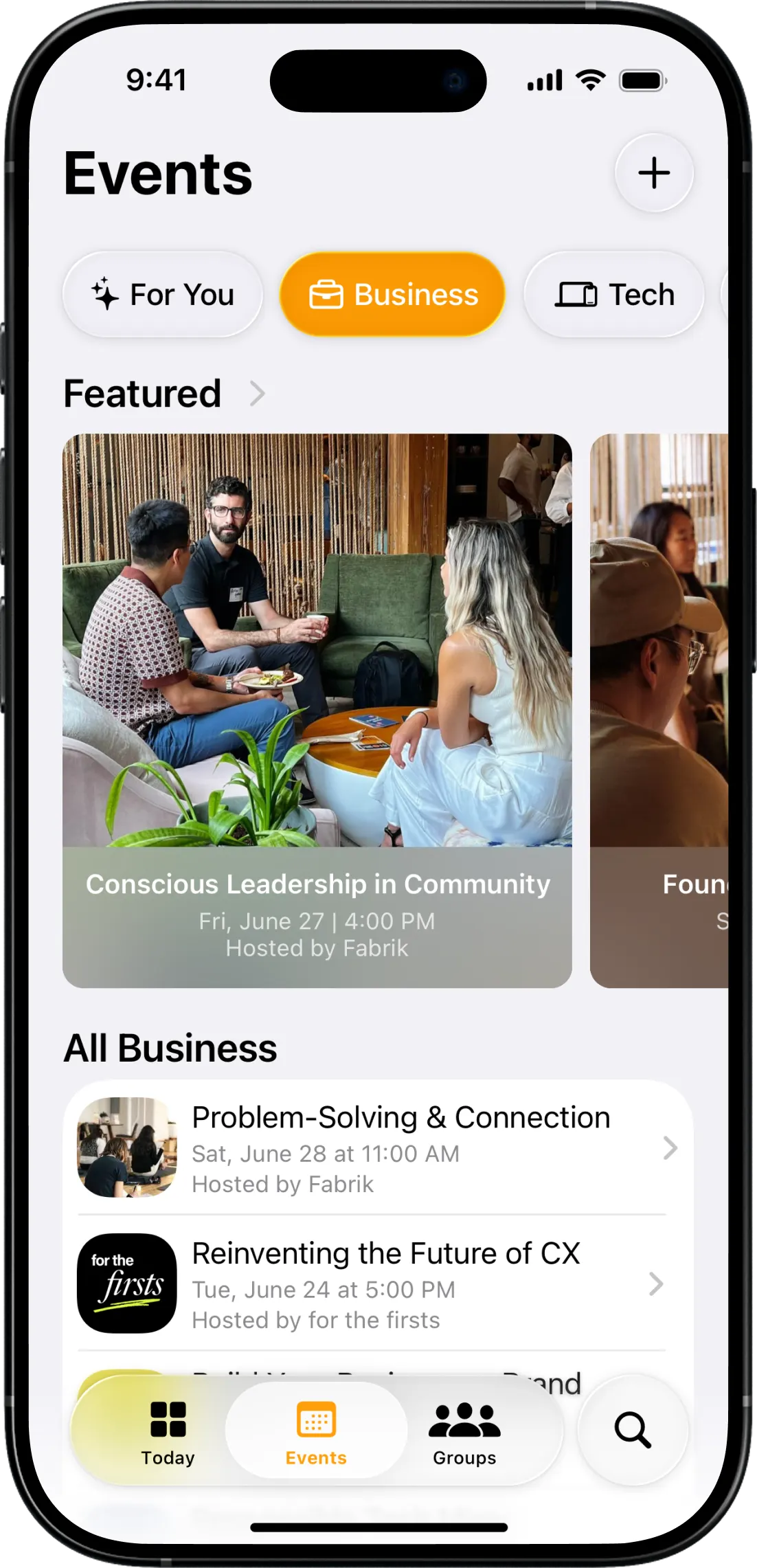 Fabrik Events tab filtered to Business, with a featured Conscious Leadership session and a list of other events
