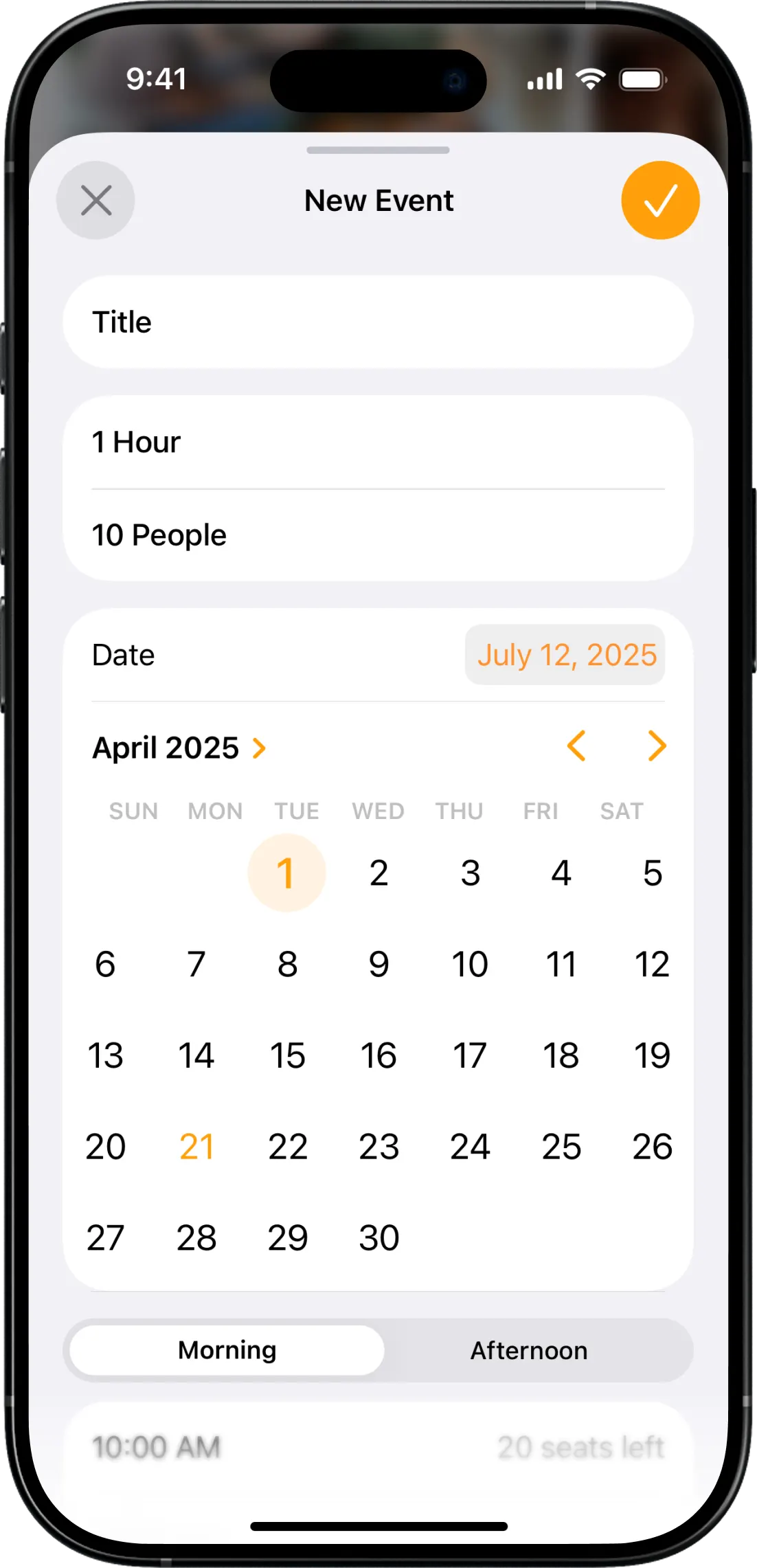 New Event sheet with fields for title, duration and capacity, a date picker, and morning or afternoon time slots