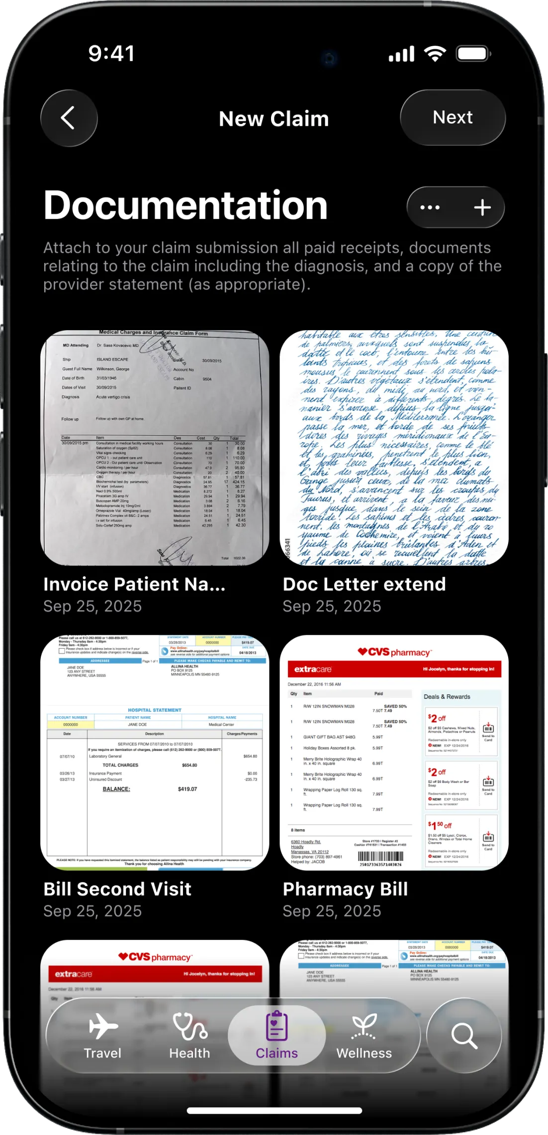 New claim documentation step, showing thumbnails of uploaded receipts, hospital bills and a handwritten doctor's letter