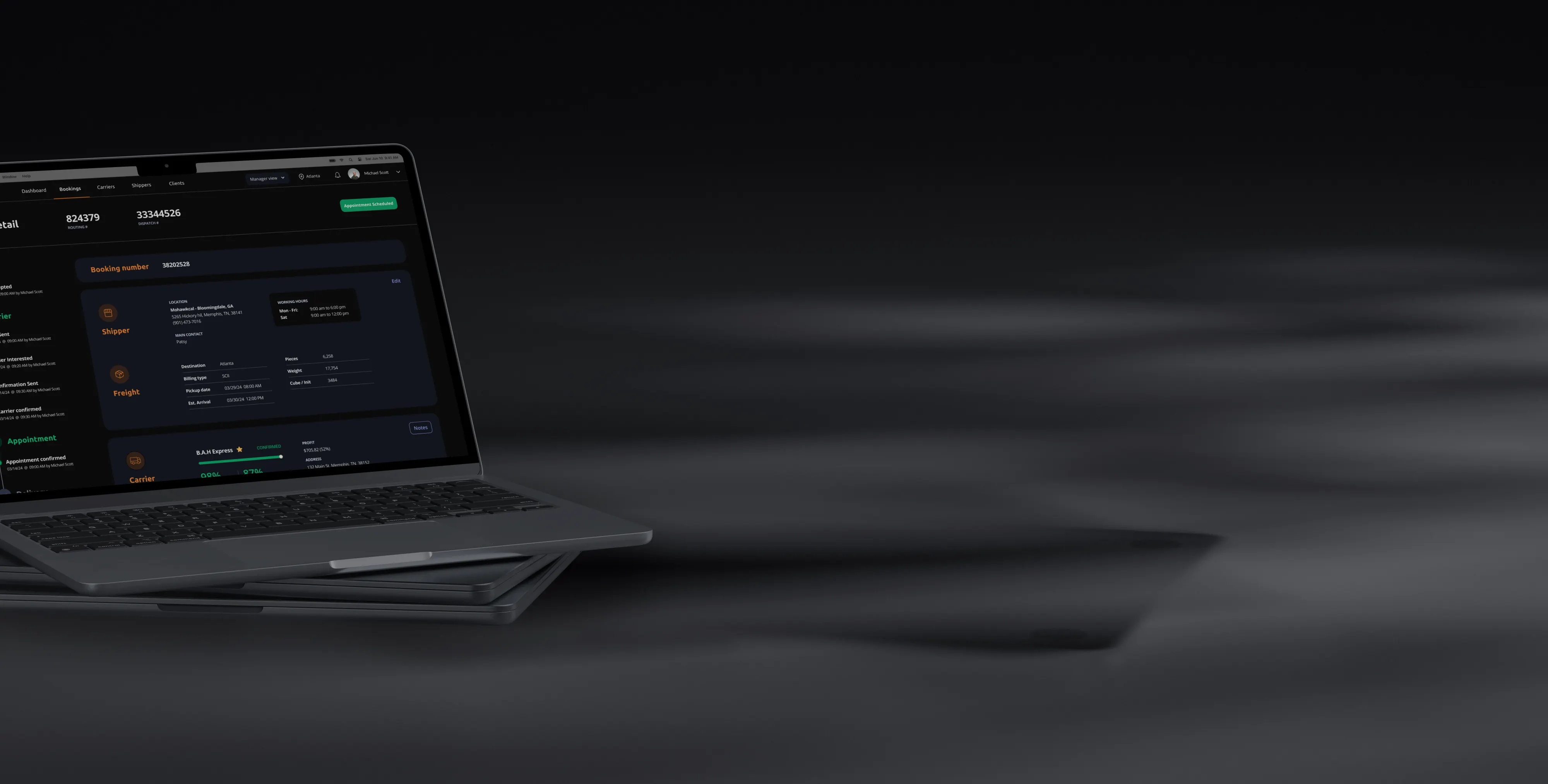 Laptop on a dark surface, showing the Seco dispatch dashboard