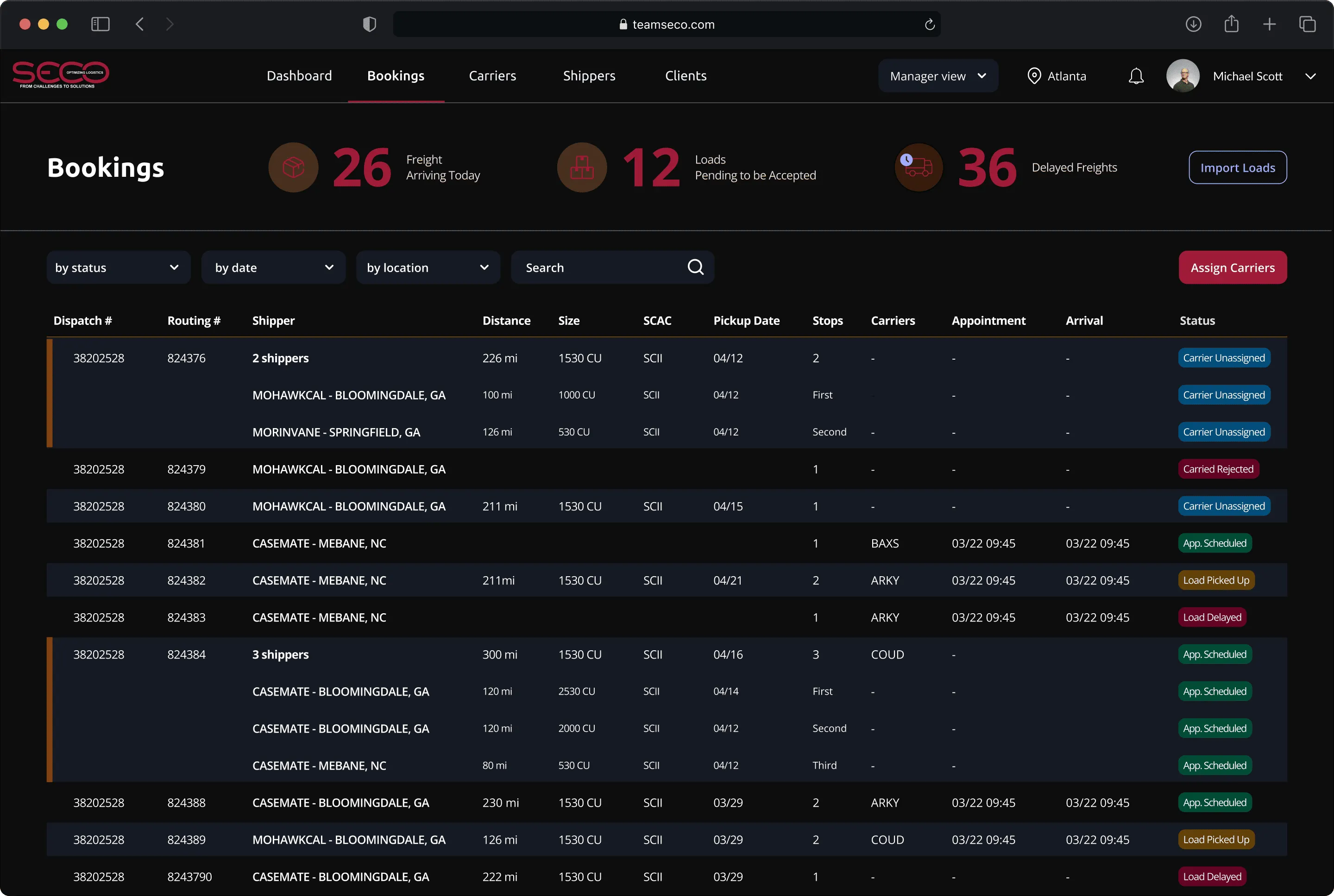 Seco Bookings dashboard with counts of arriving, pending and delayed freight above a table of dispatches and their statuses