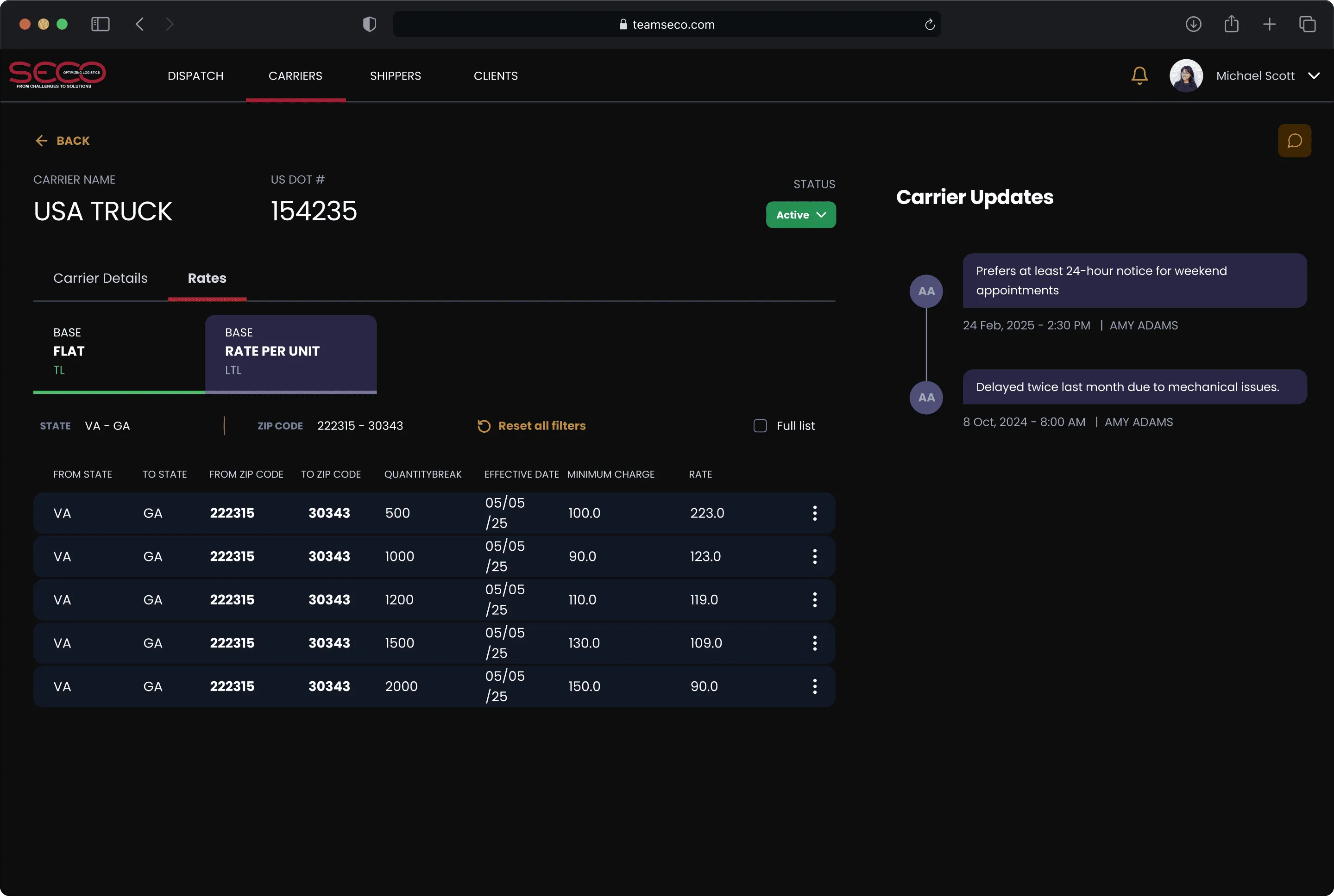 Carrier page for USA Truck, showing a rates table by zip code and lane alongside a Carrier Updates feed